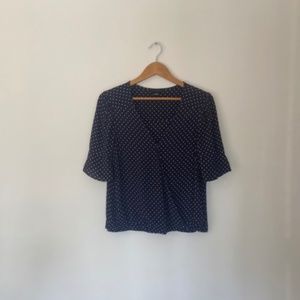 Sanctuary Silky V-Neck Wrap Top in Navy with White Polka Dots